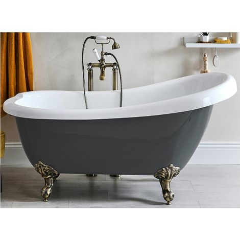 Milano Hest Stone Grey 1710mm x 740mm Bathroom Freestanding Slipper Bath with Feet - Brushed Gold Feet (1/4)