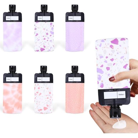 6 fons silicone 90 ml anti-fuite réutilisables, étanches pour crème, maquillage liquide, gel douche ou après-shampoing (1/5)
