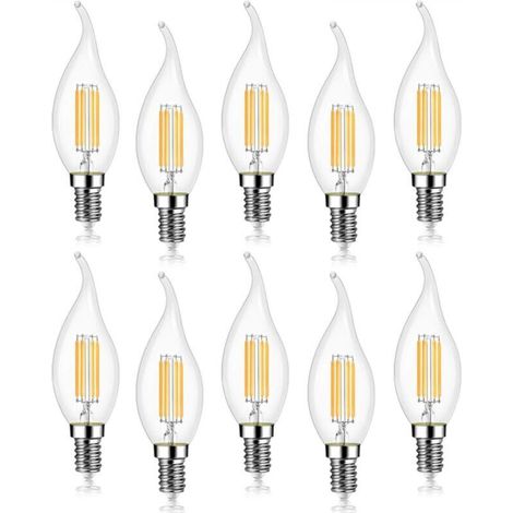 Pack of 10 4W E14 LED Filament Bulbs, Candle Flame, 2700K Warm White, Non-Dimmable, 360° Beam Angle