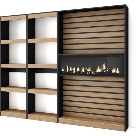 Skraut Home - Librería estantería, Estanteria libros de pared, 230x186x25cm, Salón - Comedor - Oficina, Chimenea eléctrica, Estilo Moderno, Roble y negro (1/5)