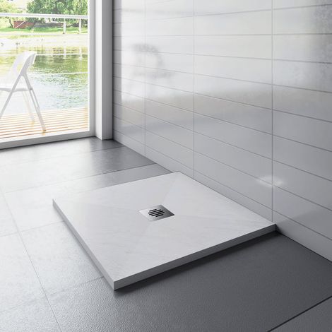 Aica Sanitaire – Receveur de douche carré 80x80cm – Marbre minéral antidérapant – Design plat pour accès facile – Évacuation optimisée (1/3)