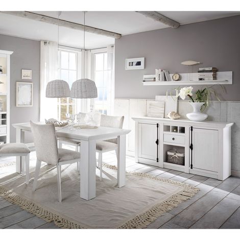 Landhaus Esszimmer-Set WINGST-61 in Pinie weiß Nb. mit Sideboard (ohne Stühle) Stellmaß Sideboard ca. 83 cm