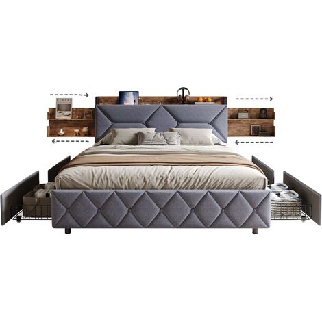 Cama 140x200 con cajones - Mesa de noche extensible - USB y Type-C - Respaldo flexible reforzado a 95° - Tejido de lino - Gris (1/5)