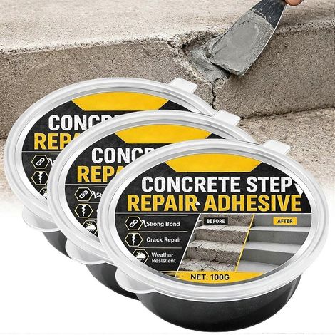 3 piècesColle de réparation de fissures pour béton haute résistance 100 g, pâte de réparation ciment à prise rapide et forte adhérence, mastic résistant aux intempéries pour marches, patios et espaces (1/5)