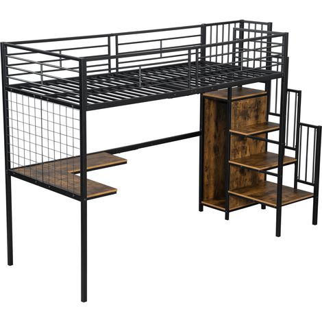 Cama alta de metal 90 x 200 cm con escritorio y armario negro y madera oscura (1/5)