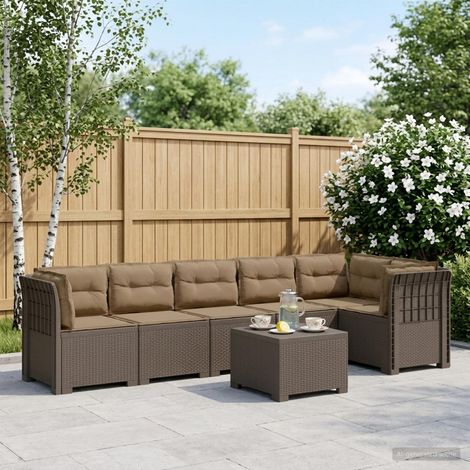 Canapé de Jardin Modulaire 6 Places avec Table Aspect Rotin PP Gris Clair et Coussins Taupe - PANGIVO (1/5)