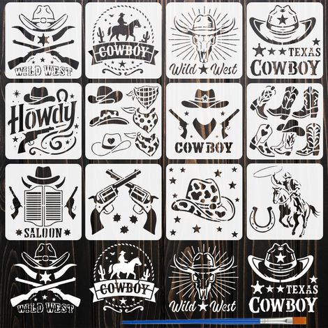 12Pcs Pochoir de Peinture Avec Pinceau 15x15cm Chapeau Fusil Étoile Corde Bandana Taureau Crâne Fer à Cheval Modèle Dessin Pochoir Thème Occidental pour Bois Mur Tissu (1/5)