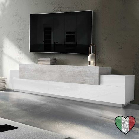 Mobile Porta TV soggiorno Bianco Lucido e Cemento L. 240 cm - Corona (1/2)