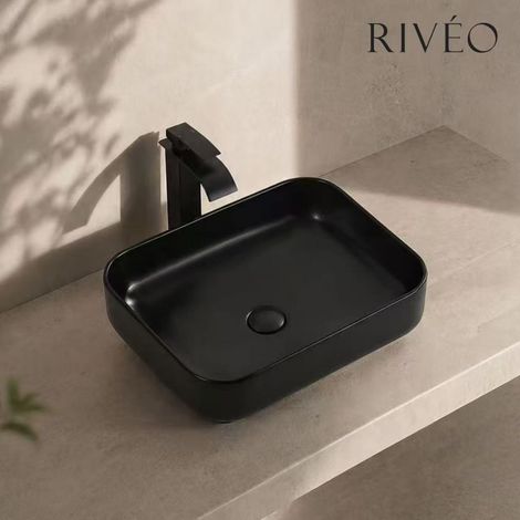 Vasque à poser rectangulaire en céramique noire 50x40x14 cm avec bonde noire incluse – Rivéo