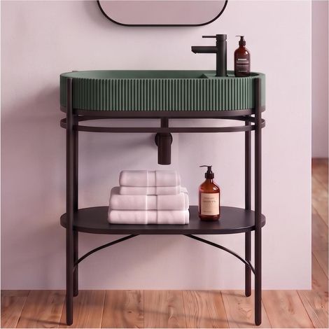 Meuble simple vasque sur pieds 80cm en métal noir et vasque béton et robinet noir (1/5)