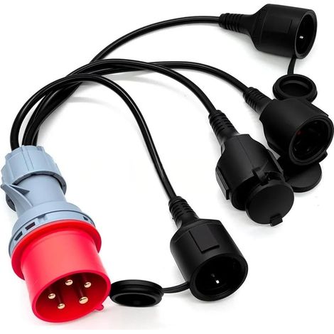 Adaptateur CEE 415 V vers 4 x 240 V Schuko - Rallonge avec couvercle rabattable IP44 - Pour camping, caravane, générateur, chantier, industrie, extérieur, résistant aux intempéries et portable (1/5)