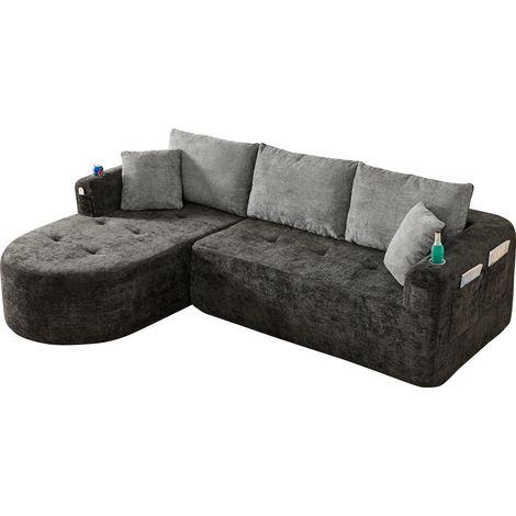 Canapé d'angle en tissu noir, cloud couch L-form sans montage, avec porte-gobelet inox résistant à la chaleur, poches latérales et confort moelleux CHICFURN (1/5)