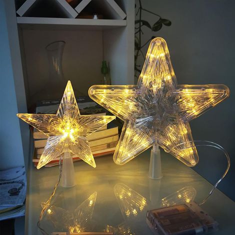 Décoration de sapin de Noël - Pointe de sapin de Noël avec 10 LED avec prise électrique - 16 x 16 cm - Pentagramme lumineux - Étoile de sapin de Noël (lumière blanche chaude, 16 x 16 cm) (1/5)