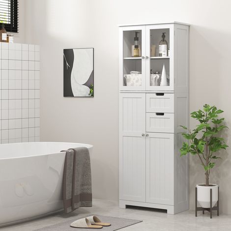 Meuble haut de rangement, armoire avec portes vitrées et étagères réglables pour salle de bain, cuisine, salon, blanc (1/5)