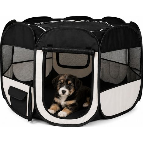 lionto Welpenauslauf mit Pop-up-System, faltbarer Freilaufstall für Hunde & Kleintiere, 110 cm Durchmesser, 64 cm Höhe, schwarz/beige (1/5)