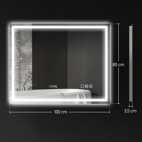Miroir de salle de bain lumineux avec horloge LED argentée 100 x 80 cm (1/5)