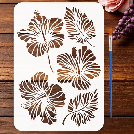 Pochoirs d'Hibiscus avec un Pinceau 29,7x21cm Pochoirs de Peinture de Fleurs Pochoir Motif Feuilles Hibiscus Gabarit Thèmes Plantes PET pour Peinture sur Bois Sol Carrelage Mur Tissu DIY (1/5)