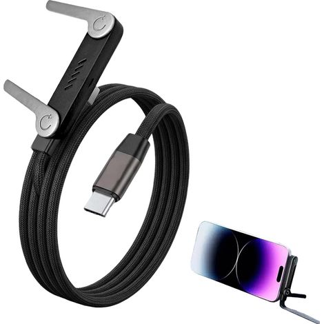 Cable de carga rápida USB-C a USB-C de 240 W con soporte plegable integrado para teléfono - Cable trenzado de 1,5 m para iPhone 15/16/17, Samsung Galaxy, Google Pixel, MacBook Pro (1/5)