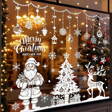 Stickers Noel Fenetre Electrostatique XXL,110 Autocollant Noel Fenetre Réutilisable Decoration Noël Fenêtre Flocon de Neige Élan Sapin Sticker Fenêtre Noël pour Vitrine Porte Deco Noel Interieur Blanc (1/5)