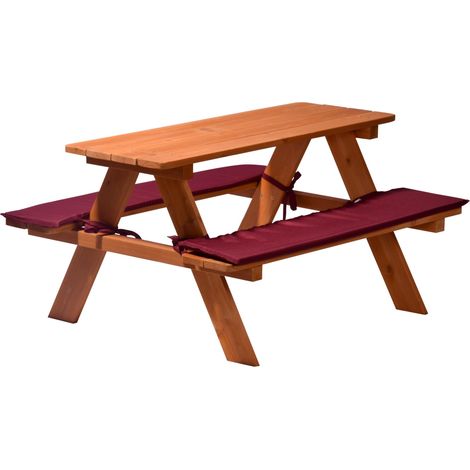 Table de Pique-Nique pour Enfants - Banc en Bois Massif - Ensemble de sièges pour Enfant avec Coussins Assortis - pour Jardin, terrasse, Balcon - 89 x 79 x 50 cm - Marron/Rouge (1/4)