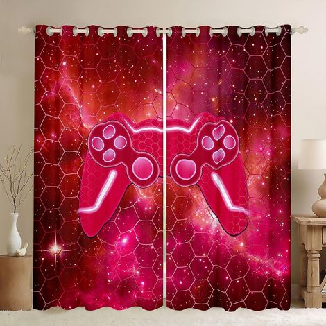 Rideau Gamer Décoration d'intérieur, Art nid d'abeille, Hexagone pour filles et garçons, Manette de jeu cool Galaxie rouge, Traitement de fenêtre pour bureau, taille XXL - 260x140cm (HxB) (1/5)