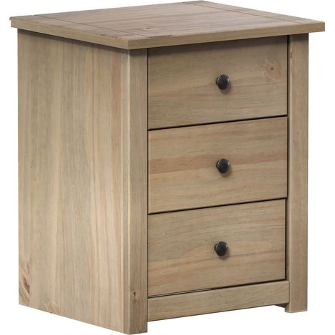 Home Discount – Table de chevet en pin massif – 3 tiroirs – Finition chêne – H 57 x L 46,5 x P 40,5 cm – Meuble de chambre élégant