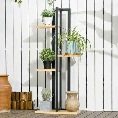 scaffale 4 livelli 110 cm per piante decori metallo nero OKMYHOME (1/5)