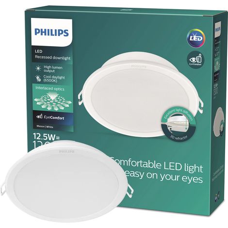 Philips – Downlight LED slim 12.5W – Coupe Ø 125mm – Lumière blanche froide 6500K – Installation facile pour plafonds bas