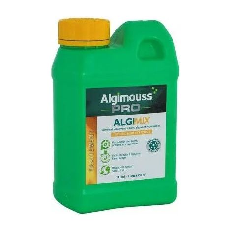 Traitement antimousse concentré 1L pour toitures, murs et façades – Élimine lichens, algues et moisissures – SKU 14001 – Algimouss