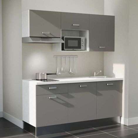 Kitchenette K30L-PT - 180 cm - plan stratifié, évier inox, - Façade Gris - Plan Blanc - Crédences Non + Electroménager inclus coloris Inox