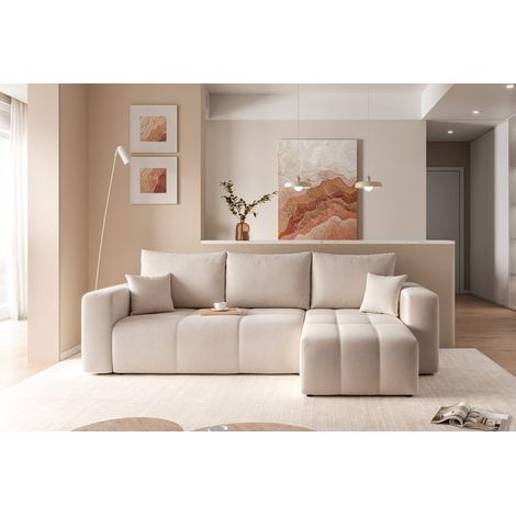 Canapé d'angle Réversible PEDRO - 4 places - Canape Convertible avec Coffre - Tissu Velours - Beige (1/5)