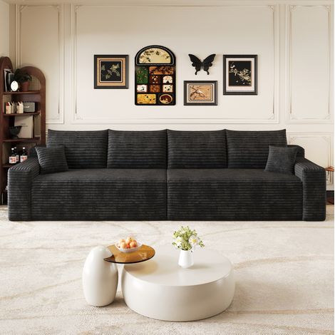 Divano modulare lineare da 300 cm in tessuto di velluto a coste, non richiede montaggio, design minimalista, salvaspazio, nero (1/5)
