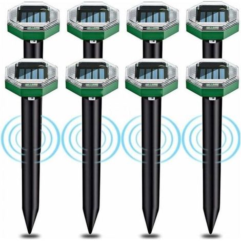 8 Stück solarbetriebene Ultraschall-Maulwurfabwehr, wasserdicht IP65, für Gärten geeignet, etikettiert.