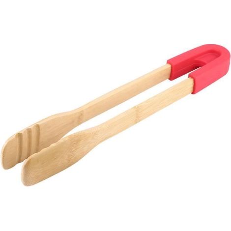 1 pince à nourriture en bois, poignée silicone antidérapante, résistante à la chaleur, pour barbecue, service de pain et steak, usage cuisine et buffet (1/4)