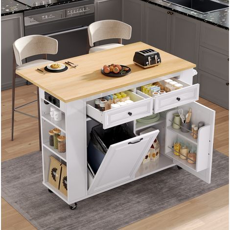 Carrello da cucina con 5 ruote, 2 cassetti, portasciugamani, prese, portaspezie, vani portaoggetti aperti, bianco (1/5)