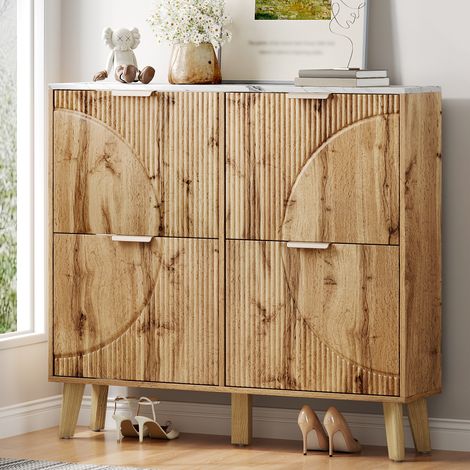 Scarpiera 105x24x95,5 cm, 4 ante a ribalta, MDF effetto legno, naturale