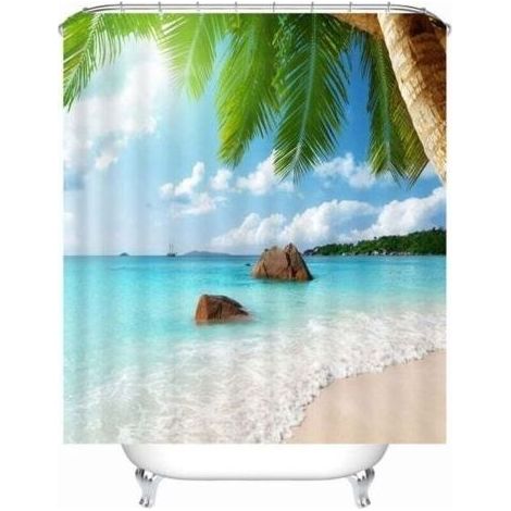Rideau de douche motif plage tissu imperméable anti-moisissure avec 12 anneaux de rideau de douche rideau de bain lavable 180x180cm (1/4)