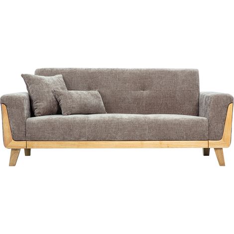Divano scandinavo a 3 posti in tessuto effetto velluto testurizzato taupe e legno chiaro FJORD