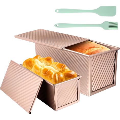 Moules pour la pâte à pain,Lot de 2 moules à pain grillé avec couvercle,Assiette à Gâteau Rectangulaire,En aluminium et acier inoxydable,ideal pour Faire des Baguettes et des Brownies à Sandwich (1/5)