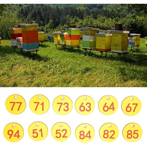 [Etiquetas para apicultura] Etiquetas redondas numeradas de ABS, rojas y amarillas, con orificio (50 unidades), diámetro 3,6 cm (1/5)