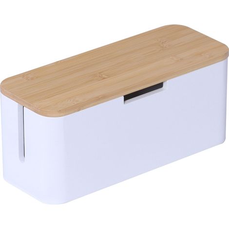 Relaxdays Kabelbox für Steckdosenleiste, Bambus, Deckel, HBT: 14,5x34x11 cm, Kabel verstecken, Steckdosenbox, natur/weiß
