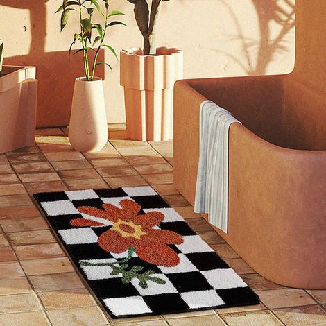 Tapis de porte à carreaux antidérapant noir et blanc, joli tapis de porte pour salles de bains, cuisines, salons, fleurs orange, 40 x 60 (1/5)