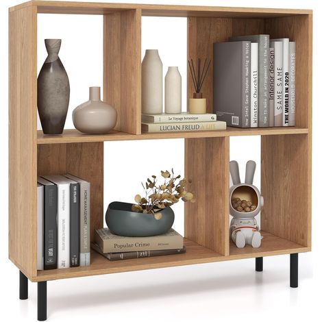 COSTWAY Bibliothèque à 4 Cubes, Étagère à 2 Niveaux avec Pieds en Métal, Étagère de Rangement Horizontale, Étagère d'Affichage Moderne, Organiseur de Rangement pour Salon, Chambre, Bureau, Nature (1/5)