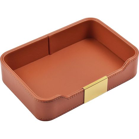 Elegante vassoio da scrivania in pelle e organizer da comodino per cosmetici, gioielli, orologi, chiavi e portafogli (arancione). (1/4)