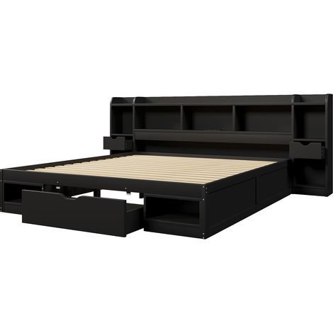 Struttura letto a piattaforma 180 x 200 cm nera con contenitore, 3 cassetti, luce LED e porta USB (1/5)