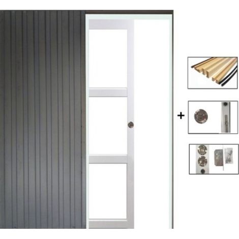 Puerta corredera Kenya blanca con acristalamiento transparente H204 x L83 cm, empotrada, kit de acabado para GD MENUISERIES