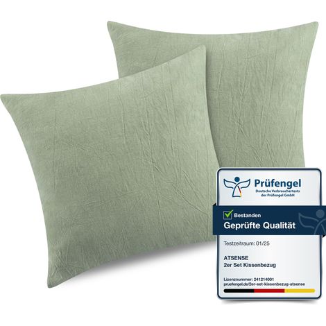 Taie Oreiller 45x45 Cm,Taie d'oreiller Lot De 2, 100% Coton Lavé, Housse Coussin avec Fermeture Eclair, Doux Resistant Et Confortable, Vert Clair Taie (1/5)