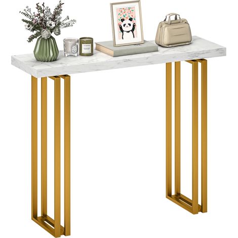 Table console, table d'entrée, avec plateau imitation marbre, structure en acier, 100 x 30 x 78,5 cm, blanc et or