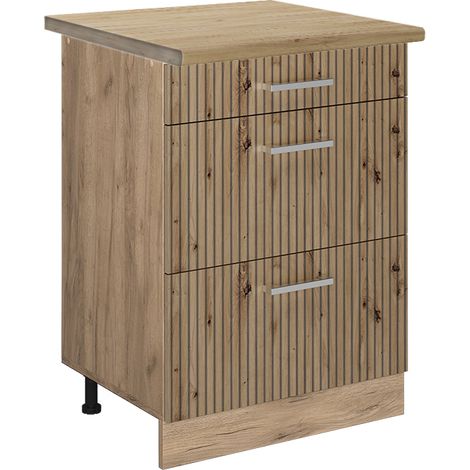 Mobiletto base per cucina R-Line, Rovere artigianale, 60 cm con cassetti, PL Rovere, Vicco