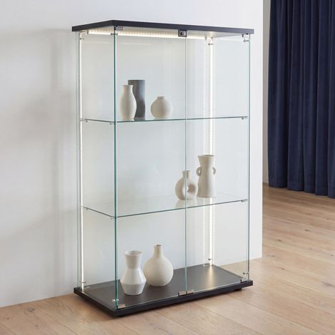 Vetrina in vetro con LED e 3 ripiani, 2 ante in vetro temperato con serratura, dimensioni 123,3 x 78,5 x 35 cm, per oggetti da esposizione e d'arte